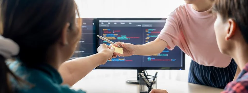 Female programer present program coding while manager listening. Burgeoning. Stock Photos