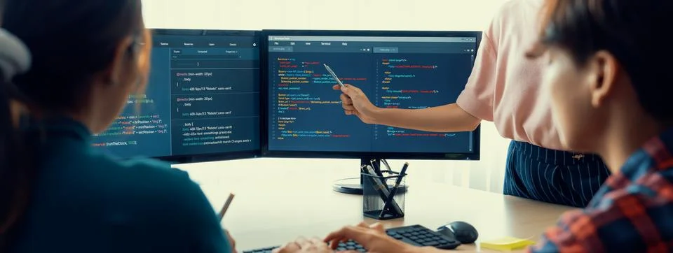 Female programer present program coding while manager listening. Burgeoning. Stock Photos