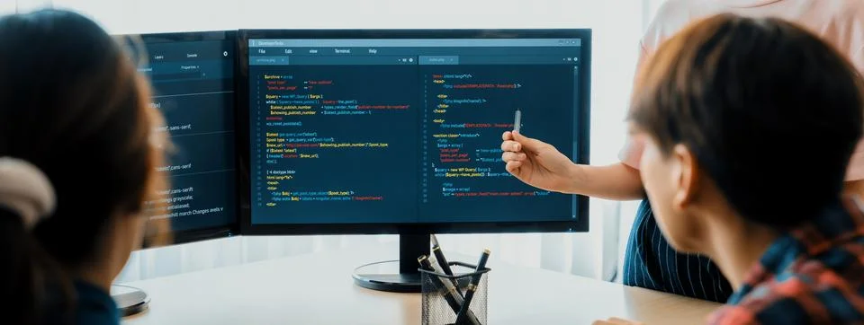 Female programer present program coding while manager listening. Burgeoning. Stock Photos