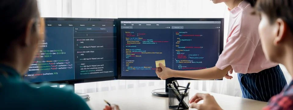 Female programer present program coding while manager listening. Burgeoning. Stock Photos
