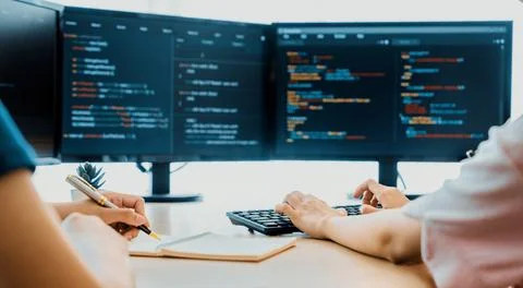Female programer taking a note while web developer present program. Burgeoning. Stock Photos