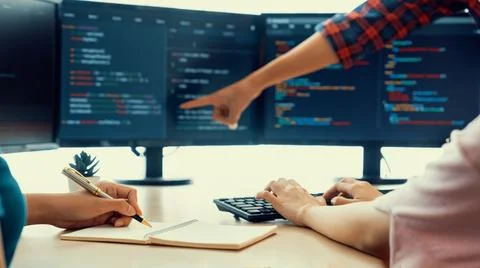 Female programer taking a note while web developer present program. Burgeoning. 库存照片