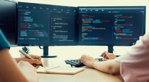 Female programer taking a note while web developer present program. Burgeoning. Foto stock