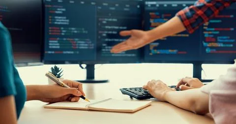 Female programer taking a note while web developer present program. Burgeoning. Stockfoto's