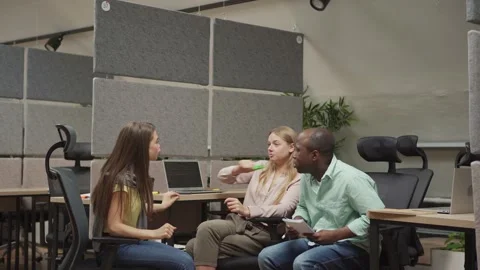 Female programmer asking advice from multiracial colleagues Stock Footage 142537467