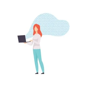 Female Programmer Character Coding on Laptop Computer Vector Illustration Stock Illustration
