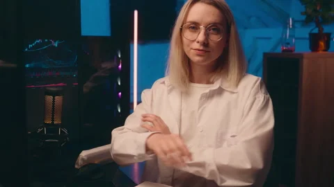 Female programmer coder Caucasian woman investor night late computer work at Stock Footage 292934504