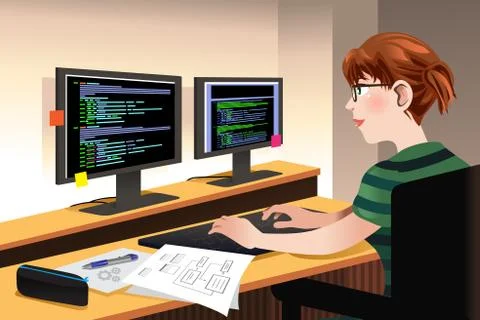 Female Programmer Coding on a Computer Stock Illustration
