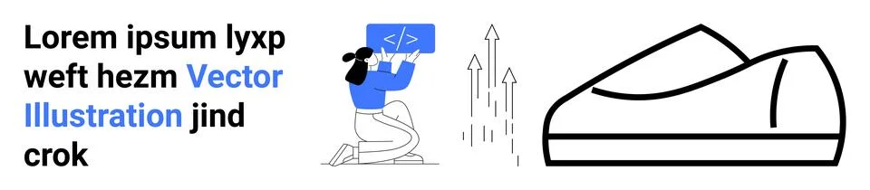 Female programmer coding at desk, arrows indicating growth, and comfortable s Illustrazione stock