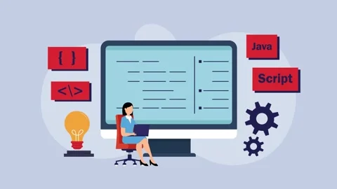 Female Programmer Coding with JavaScript on Computer Screen cartoon animation Stock Footage 302529496