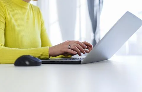 Female programmer coding on a modern notebook computer at home Foto stock