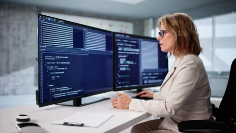 Female Programmer Coding Software On Desktop Screen Stock Footage 314525483