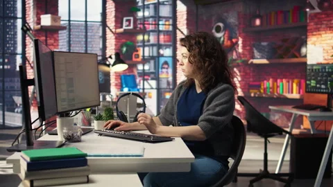 Female programmer developing app and software algorithm on pc Stock Footage 308672989