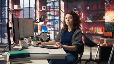 Female programmer developing app and software algorithm on pc Stock Photos