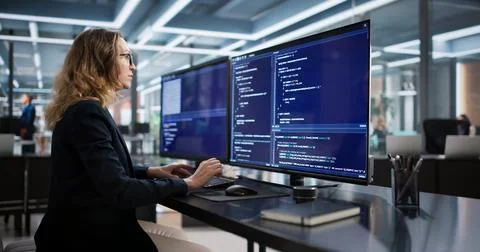Female Programmer Developing Secure Software From Office Desk Using Computer Foto stock
