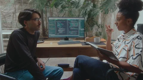 Female Programmer Explaining Computer Code to Colleague Stock Footage 252752419