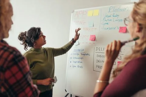 Female programmer explaining new project to coworkers Stock Photos