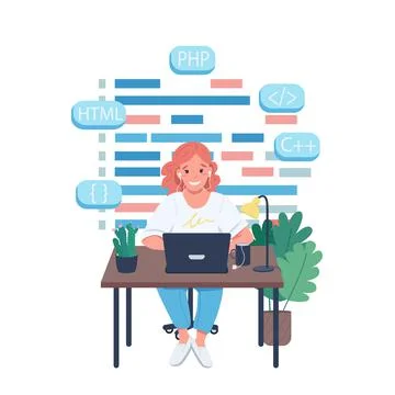 Female programmer flat color vector detailed character Stock Illustration