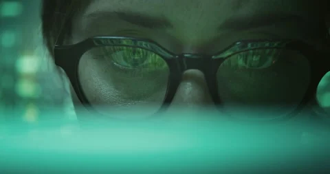 Female programmer hacker in glasses working night on computer in cyber security Stock-Footage 132344522