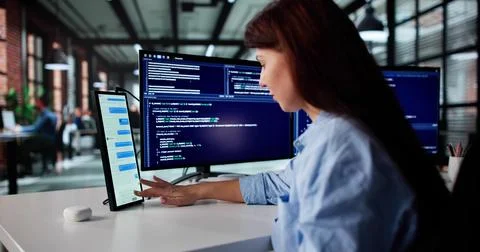 Female Programmer Reads Team Chat Messages On Secondary Screen Stock Photos