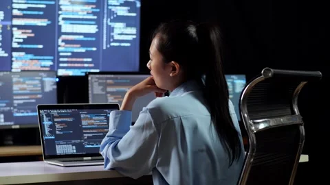 Female Programmer Thinking About Something Writing Code Laptop Multiple Monitors Stock Footage 244424492