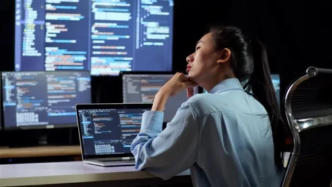 Female Programmer Thinking About Something Writing Code Laptop Multiple Monitors Stock Footage 244424530