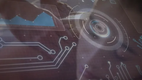Female programmer typing keyboard, activating chart, circuit traces and circular Stock-Footage 316339034