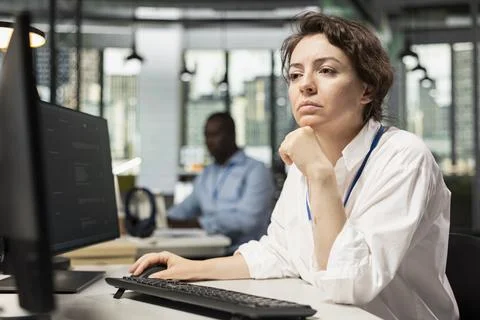 Female programmer using AI LLM chatbot, optimizing company systems Foto stock