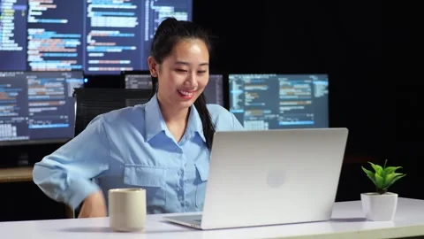 Female Programmer Walking Into The Working Space Code Laptop Multiple Monitors Stock Footage 244421771