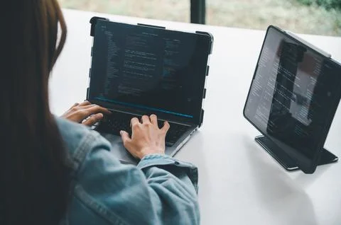 Female programmer working on coding, software development and web design.Co.. 스톡 사진