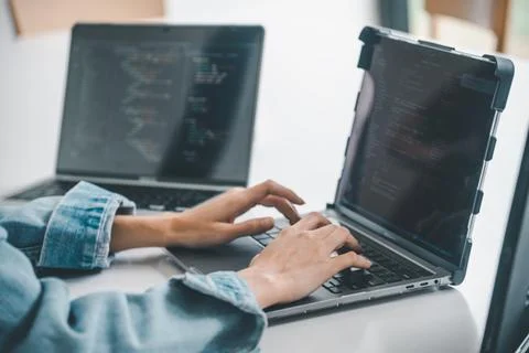 Female programmer working on coding, software development and web design.Co.. 스톡 사진