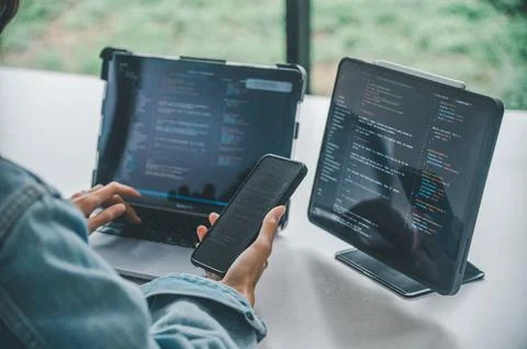 Female programmer working on coding, software development and web design.Co.. 写真素材