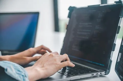 Female programmer working on coding, software development and web design.Co.. 스톡 사진