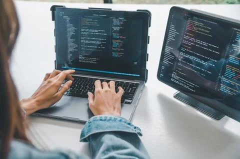 Female programmer working on coding, software development and web design.Co.. 스톡 사진