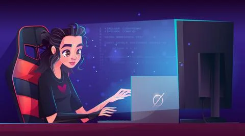Female programmer working on computer at night Stock Illustration
