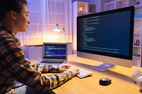 Female programmer working with computer in office at night 스톡 사진