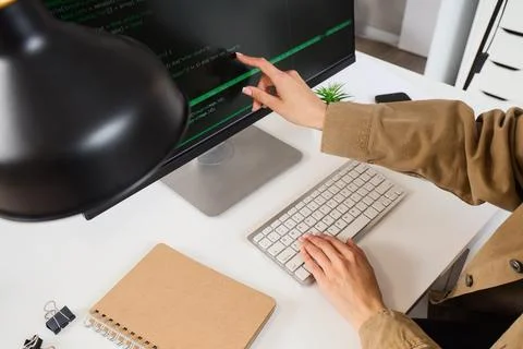 Female programmer working with computer on table in office Stock Photos