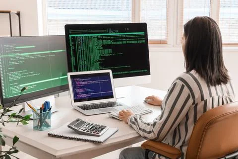 Female programmer working at desk in office, back view Stock Photos