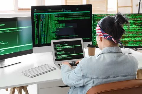 Female programmer working at desk in office, back view Stock Photos