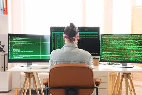 Female programmer working at desk in office, back view Stock Photos