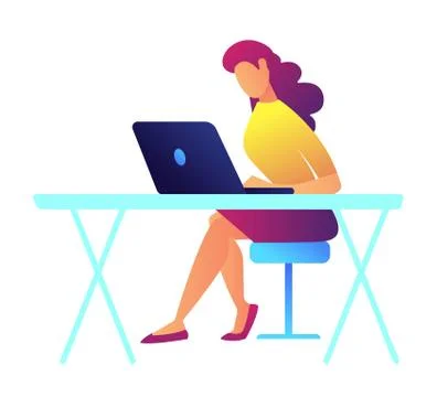 Female programmer working on laptop vector illustration. Stock Illustration