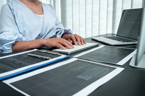 Female Programmer working in software javascript computer in IT office, Writi Stock Photos