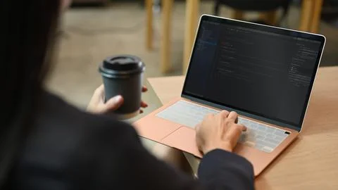 Female programmer working on web site project, programming on desktop computer 스톡 사진