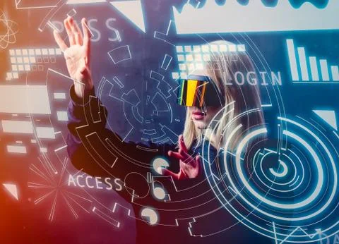 Female programmer works with personal data in virtual glasses Stock-Fotos