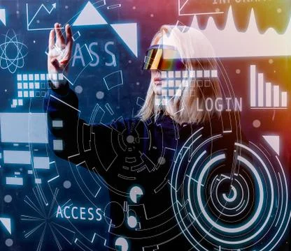 Female programmer works with personal data in virtual glasses Stock Photos