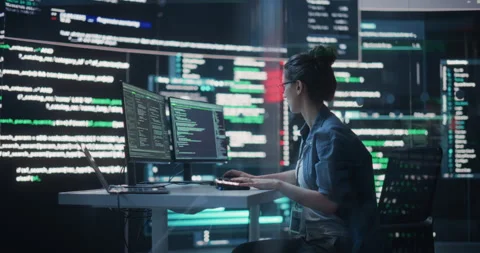 Female Programmer Writing Code Surrounded by Big Screens Stock Footage 243286146
