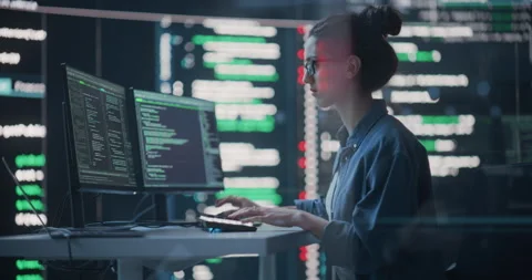 Female Programmer Writing Code Surrounded by Big Screens Stock Footage 243286461