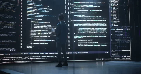 Female Programmer Writing Code Surrounded by Big Screens Stock Footage 243288553