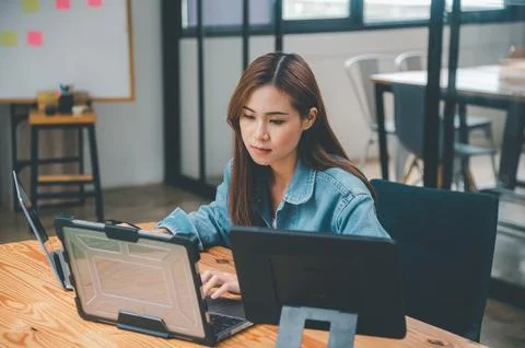 Female programmers are thinking and planning to work on programming, softwa.. Stock Photos