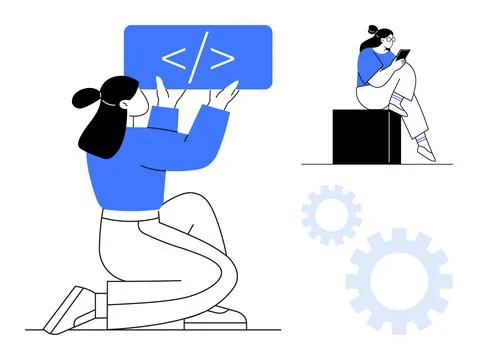 Female Programmers Collaborating and Coding with Gears Symbolizing Technolo.. Stock Illustration